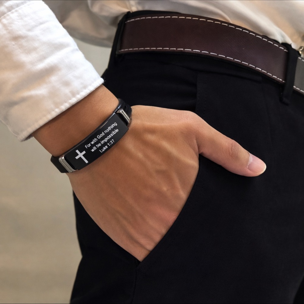 Inspirational Bracelet Luke 1:37 Black Silicone Stainless Mens or Womens Jewelry